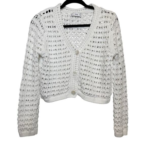 White Cropped Mango Openwork Knit Crochet Long Sleeve Cardigan - Size Small - Picture 1 of 5